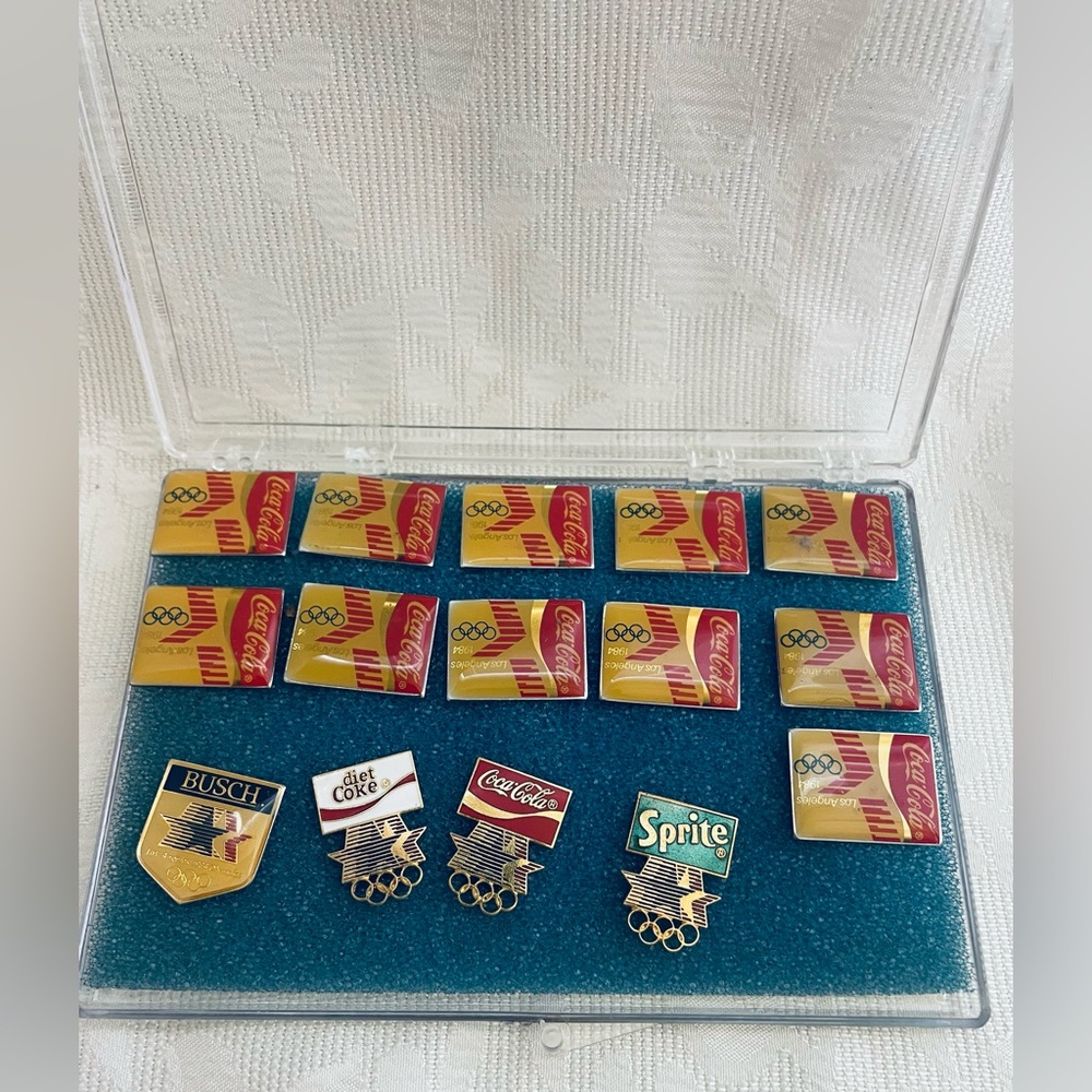 Coca Cola 1984 Los Angeles Olympic pins lot of 15 Sprite Busch Diet Coke